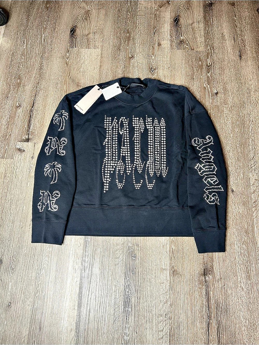 Palm Angels Rhinestone Logo Crop Sweatshirt Black Small BNWT